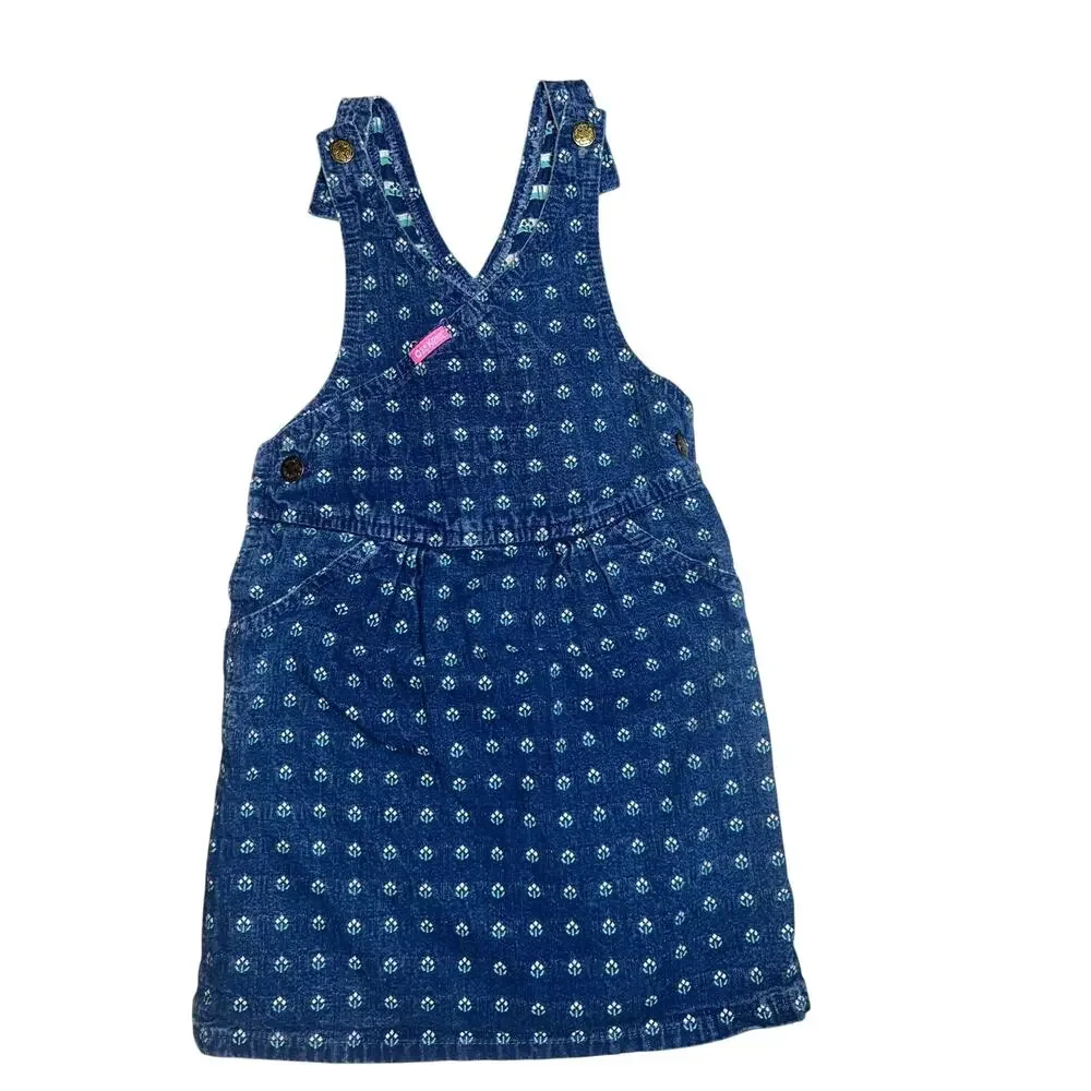 Vintage OshKosh B'gosh blue Denim pink floral Bib Jumper Overalls Girls size 6